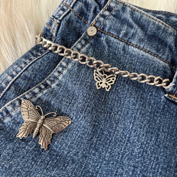 Upcycled Y2K Denim Micro Skirt Pleated Hem Fairy Butterfly Chain Streetwear Blue - Picture 2 of 7